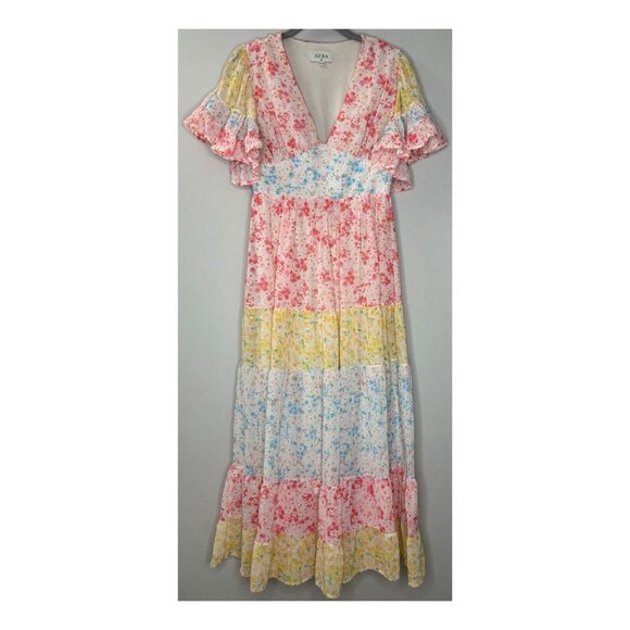 Aura Floral Tiered Maxi Dress (Size S) Colorful Flowy Chiffon Spring Summer - Picture 1 of 9